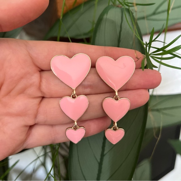 Blush Pink Triple Heart Dangle Statement Earrings 🌿 - Picture 3 of 5